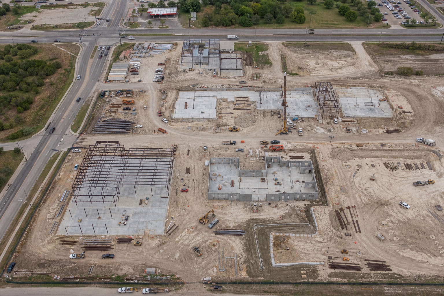 Aerial construction site documentation showing active work zones and project progress