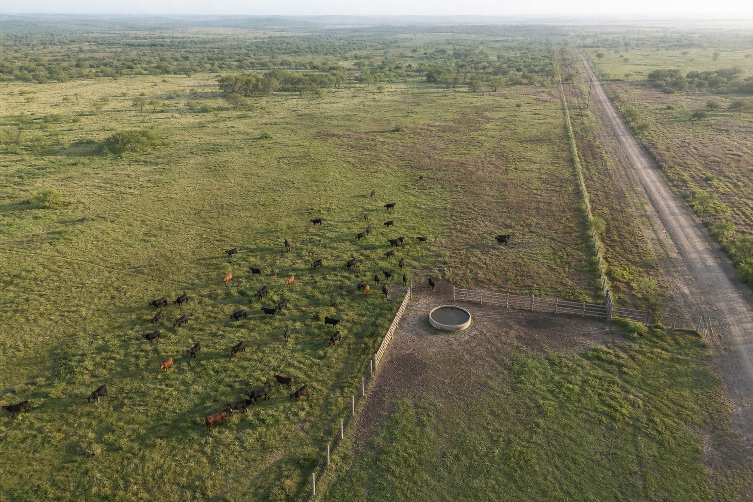 Aerial view of cattle across a South Texas ranch